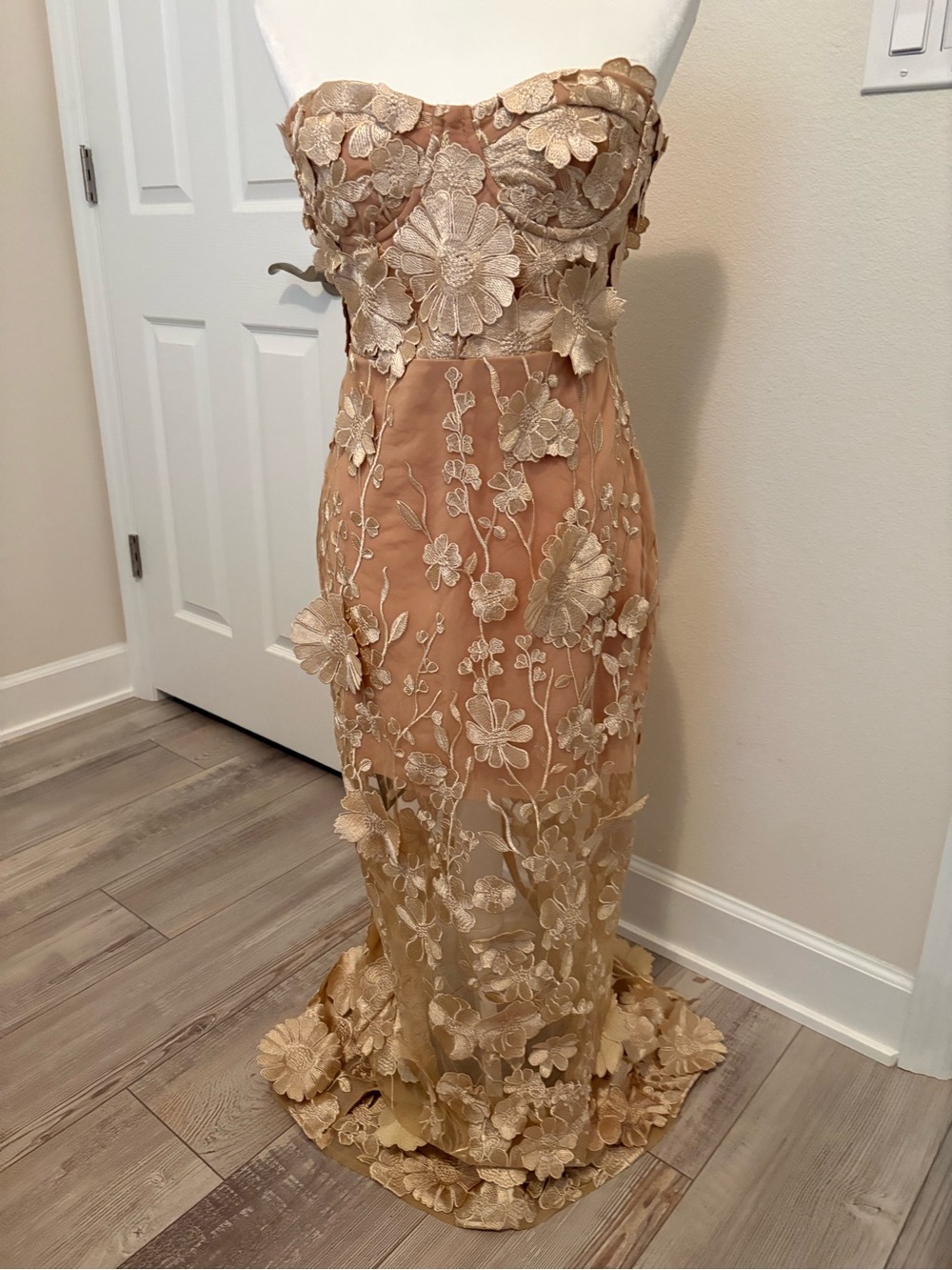 Danica Strapless Flower Lace Evening Gown in Nude Gold by Innovare Denim